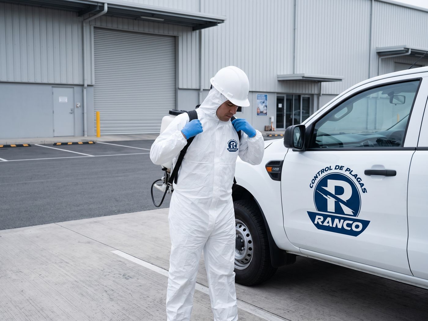 Técnico de Fumigaciones Ranco preparando el equipo junto a la camioneta de la empresa