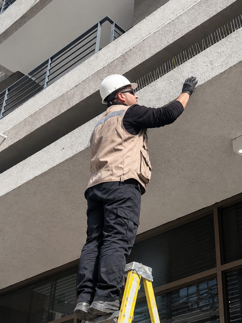 Técnico de Fumigaciones Ranco instalando púas antipalomas en la cornisa de un edificio