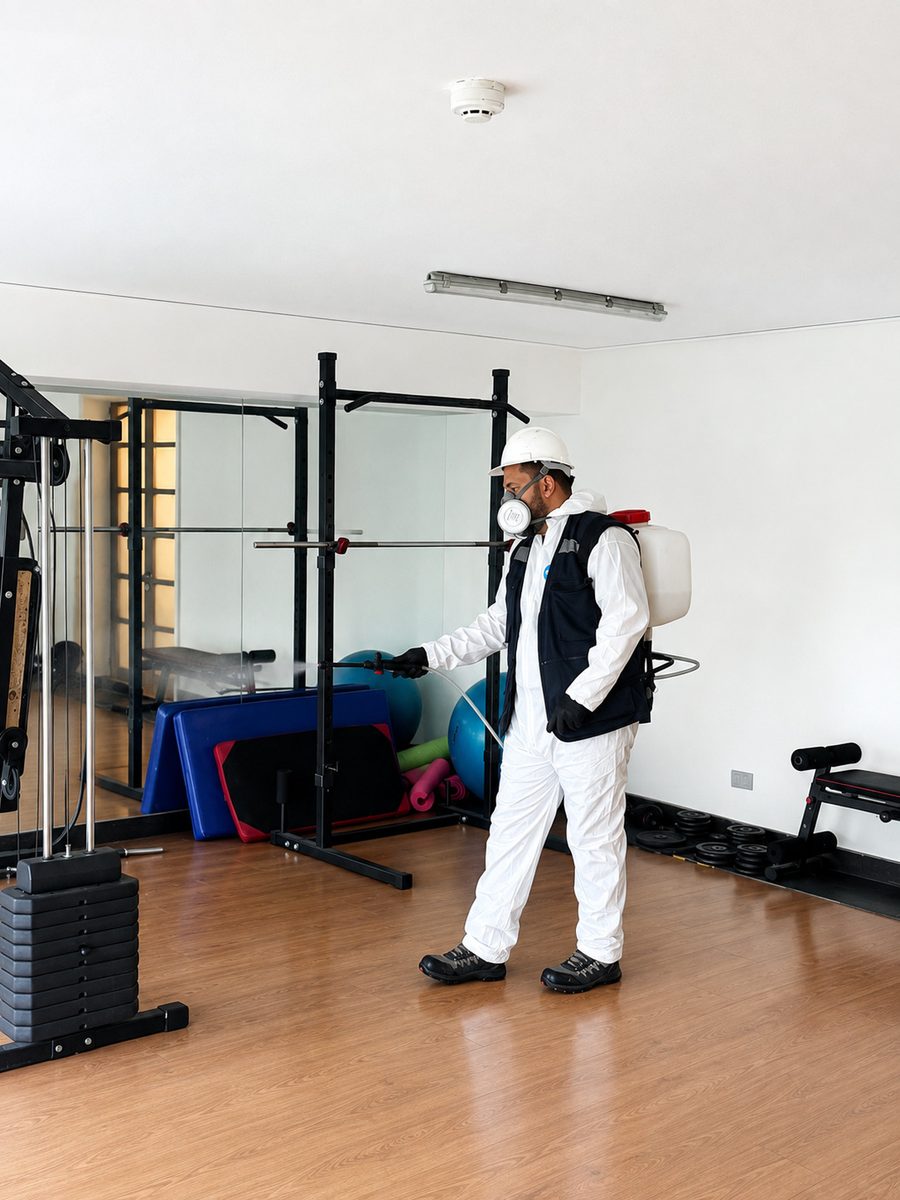Técnico de Fumigaciones Ranco sanitizando un gimnasio con nebulizador
